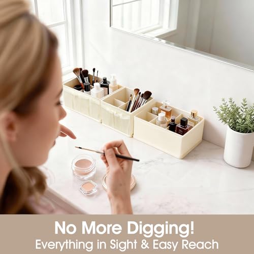 VERONLY Cosmetic Storage Bins Makeup Organizer, Adjustable Multifunction Storage Box Desk Drawer Divider for Makeup Brushes, Bathroom Countertop or Dresser, Set of 4 - style: Beige 4PC