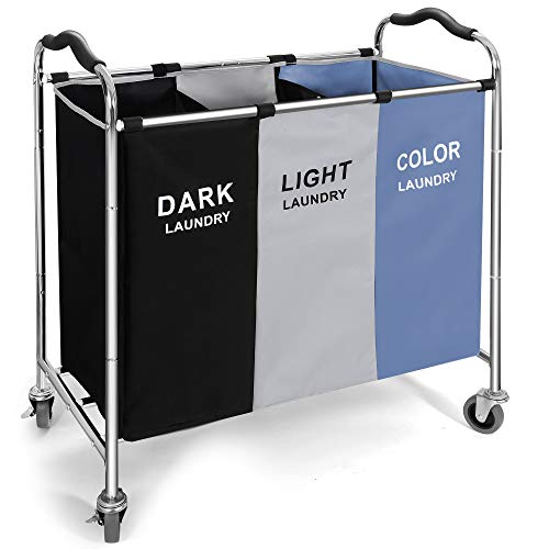 Laundry Basket, Large Laundry Hamper with Wheels, 3 Section Laundry Bag Organizer for Dirty Clothes; Dorm Room Essentials, Towel & Toys Storage Laundry Cart in Laundry Room Organization -BLUE - color: Blue