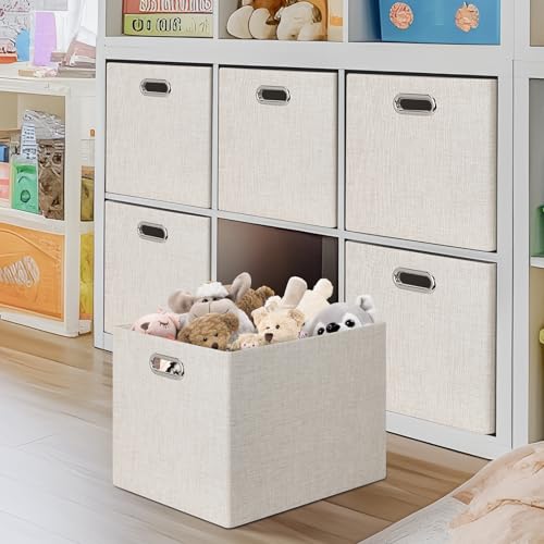 Posprica 15.12"x12.13"x12.01" Storage Cube Bins, Linen Decorative Closet Storage Organizer for IKEA Kallax, 4 Pack Fabric Foldable Large Storage Baskets for Closet, Shelves, Clothes, Toy (Beige) - color: Beige, size: 15.12 Lx12.13 Wx12.01 H