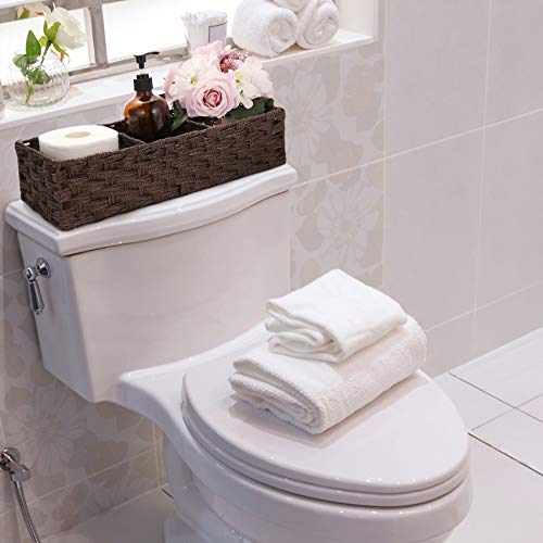 [Larger Compartments] Toilet Tank Topper Paper Basket - Multiuse Hand Woven Plastic Wicker Basket with Divider for Organizing, Rustic Farmhouse Bathroom Decor, Countertop Organizer Storage, Brown - color: Brown