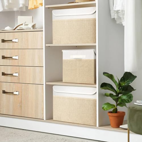 Bagnizer Large 42 Quarts Fabric Storage Bins with Lids [2-Pack] Linen Collapsible Foldable Baskets, Closet Organizer Containers boxes with Handles for Home Office (16.7 x 12 x 12, Beige & White) - color: Beige & White, size: Large - 2 Pack