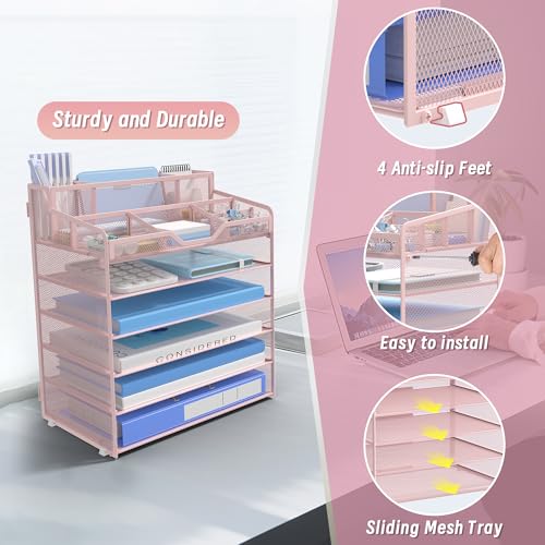 6 Tier Mesh Desk Organizer,Multi Functional Letter Paper Tray with 3 Pen Holders and 5 Adjustable Storage Compartments for Office Supplies Files and Mail Space Saving Desktop Organizer-Pink - color: 6 Tier-pink