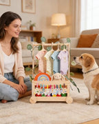 Wooden Dog Closet Pet Wardrobe Organizer, 20 x 13 x 9 Inch Pet Clothes Storage Crate with Hanging Rack, 10 Hangers, Rope & Clips for Dog Puppy Cat Toys Clothes Accessories