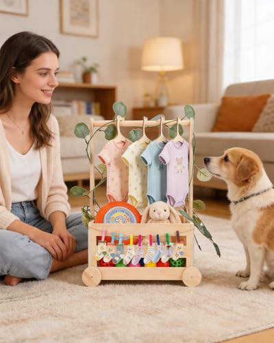 Wooden Dog Closet Pet Wardrobe Organizer, 20 x 13 x 9 Inch Pet Clothes Storage Crate with Hanging Rack, 10 Hangers, Rope & Clips for Dog Puppy Cat Toys Clothes Accessories