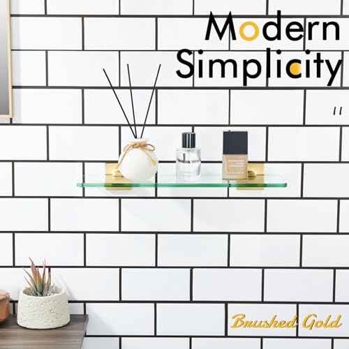 KOKOSIRI Floating Wall Shelf 16-Inch Bathroom Tempered Glass Shelves Shower Rack Kitchen Storage Home Decor, 2 Pack Gold Stainless Steel B1107BG-L16-P2 - color: Brushed Gold, size: 16-Inch(2 Pack)