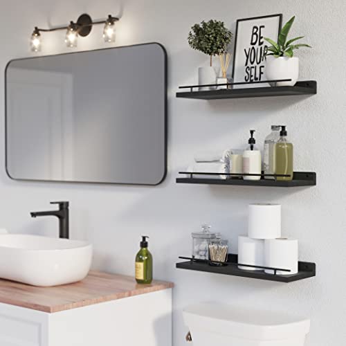 WOPITUES Floating Shelves with Black Metal Guardrail, Shelves for Wall Decor Set of 3, Wall Shelves for Bedroom, Bathroom, Kitchen, Living Room, Plants, Picture Frames, Art- Black - color: Black, size: 15.7 inch