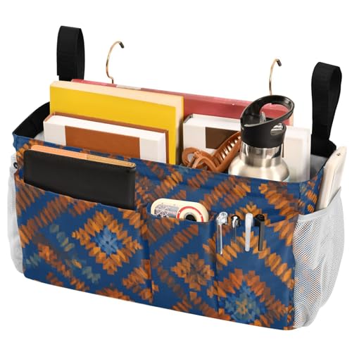 Bedside Caddy Hanging Bunk Bed Caddy Bed Organizer Hanging Pocket with 2 Hooks Bedside Storage Organizer Pocket Bag Holder Blue Orange Diamond Tie-dye - color: Blue Orange Diamond Tie-Dye