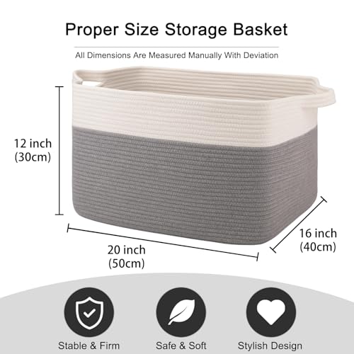 OIAHOMY Large Blanket Basket, 65L Cotton Rope Woven Laundry Basket, Toy Bin for Baby Room, Container for Blanket Storage in Living Room, 20''×16''×12'', Grey & White - color: Grey & White, size: 65L