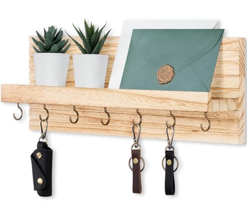 Lwenki Decorative Key Holder for Wall with Shelf, Entryway Shelf with Hooks Holds Leashes, Jackets and Glasses – Sturdy Wood Keyholder Entrance Hanger with Mounting Hardware (Wood, Large) - color: Wood, size: Large