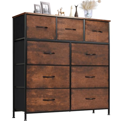 Sweetcrispy Dresser for Bedroom with 9 Storage Drawers, Large Fabric Storage Tower Organizer, Chest of Drawers with Metal Frame Wooden Top for Closet, Living Room, Entryway, Brown - color: Brown, size: 39.4"D x 11.8"W x 40"H (9 Drawers)
