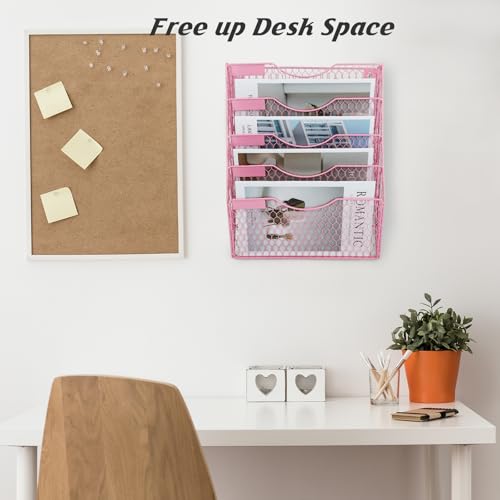 EASEPRES Mail Organizer Wall Mount Hanging File Holder Storage, Metal Chicken Wire Magazine Rack 5 Tier, Pink - color: Pink, size: 5 Tier
