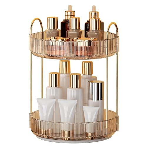 YCIA&DONE 360 Rotating Makeup Organizer and Storage for Vanity Countertop 2 Tiers, High Capacity Cosmetic Skincare Perfume Organizers for Dresser Bathroom Lazy Susan (Amber Gold) - color: Amber Gold, size: 9" (2 Tiers)