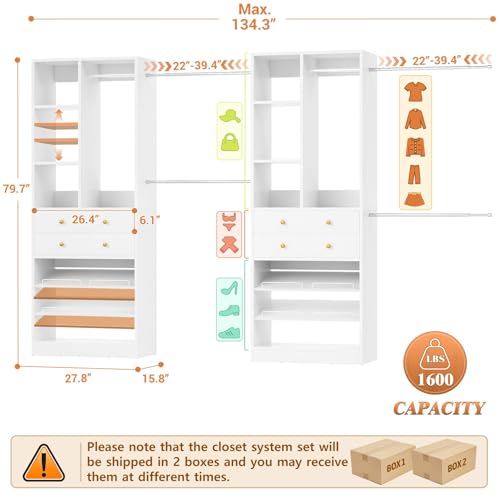 Besiost Closet System, Up to 134"/11.2 FT Closet Organizer with 4 Wooden Drawers and Shelves, Walk-in Closet System with 6 Hanging Rods, Built-in Closet Can Fit 96"/8FT, 120"/10FT, White - color: White, size: Style A: 77.6"—134"(W)