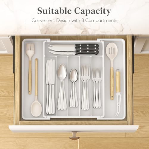 Lifewit Silverware Drawer Organizer, Expandable Utensil Tray for Kitchen, BPA Free Flatware and Cutlery Holder, Adjustable Plastic Storage for Spoons Forks Knives, 10.9"-17.5" x 13.7", White - color: White, size: Large (11-18''W x 14''D)