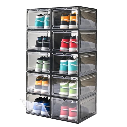 Large Shoe Boxes Clear Plastic Stackable，Drop Front Shoe Box with Clear Door, Shoe Containers For Sneaker Display,Fit up to US Size12 - color: black clear, size: 10 pack