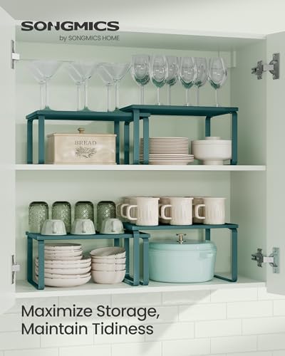 SONGMICS Cabinet Organizer Shelf, Set of 2 Kitchen Counter Shelves, Kitchen Storage, Spice Rack, Stackable, Expandable, Metal and Engineered Wood, Marrs Green UKCS002C02 - color: Marrs Green, size: 11.7"W