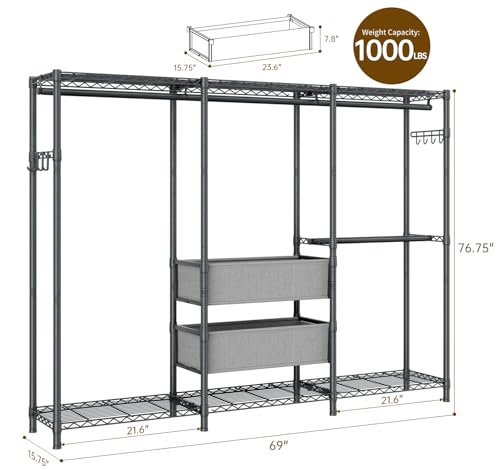 Golpart Coat Rack Clothes Wardrobe：Closet Organizer and Storage Clothing Garment Rack with Shelves Heavy Duty for Hanging Clothes Portable Adjustable Black 15.8" DX69 WX76.75 H - color: Black, size: 15.8"DX69"WX76.75"H