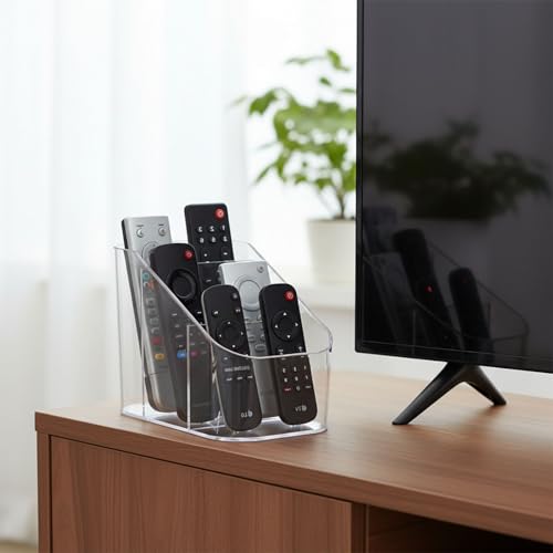 Remote Control Holder, Clear Plastic TV Remote Caddy for Desk and Nightstand Storage, Space-Saving Desk Organizer with See-Through Design for Living Room and Office Desk Accessories, 3 Compartments - size: 3 Slots
