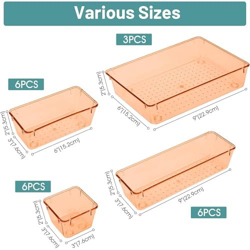 WOWBOX 25 PCS Plastic Drawer Organizer Set, 4 Sizes Desk Drawer Divider Organizers and Storage Bins for Makeup, Jewelry, Gadgets for Kitchen, Bedroom, Bathroom, Office, Clear Orange - color: Orange