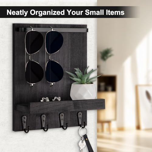 Key Holder Wall Mount, Key Holder for Wall with 4 Hooks, Farmhouse Key Hanger Holds Dog Leash, Sunglasses – Decorative Mail Organizer Home Decor (Black) - color: Black
