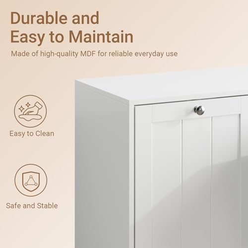 Haotian Tilt Out Trash Can Cabinet, Hidden Trash Can Cabinet with 2 Removable Bags, Double Laundry Hamper Cabinet, Narrow Storage Organizer for Kitchen, Bathroom, and Bedroom White DJ BZR001