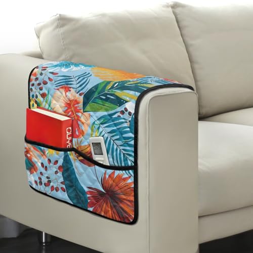 Colorful Palm Leaf Print Armrest Covers for Sofa Comfortable Sofa Armset Organizer Scratch Proof Recliner Arm Protector with 2 Side Storage Pocket for Magazine, Tablet, Phone - color: Colorful Palm Leaf
