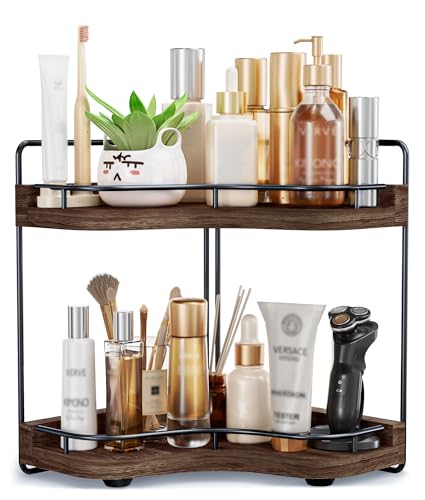 2-Tier Corner Bathroom Counter Organizer with Embedded Screw Holes, Secure & Stable Wood Vanity Shelf for Makeup and Skincare Essentials - Space Saving Bathroom Countertop Storage, Dark Brown - color: Dark Brown