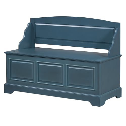 Knocbel Rustic Entry Storage Bench with Hidden Compartments and Removable Cushion, Wooden Entryway Hallway Foyer Shoe Bench Bedroom End of Bed Bench (Antique Navy and Beige) - color: Antique Navy and Beige