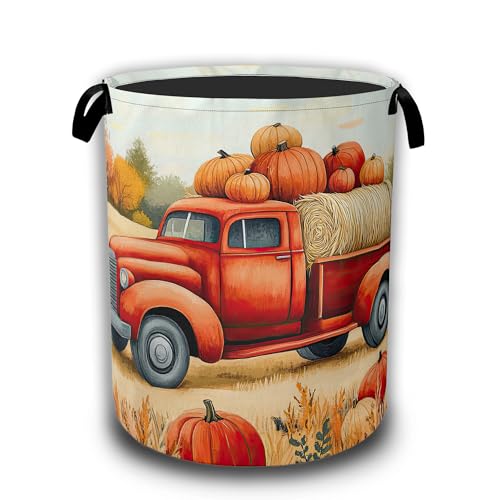 Happy Fall Laundry Hamper,Thanksgiving Day Red Truck and Pumpkin Laundry Baskets,Waterproof Oxford Cloth Toy Storage for Bedroom,Bathroom,Nursery,16x20.8 Inch - color: Happy Fall,Thanksgiving Day Red Truck and Pumpkin