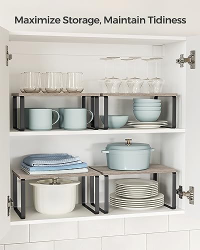 SONGMICS Cabinet Organizer Shelf, Set of 4 Kitchen Counter Shelves, Kitchen Storage, Spice Rack, Stackable, Expandable, Metal and Engineered Wood, Ink Black and Heather Greige UKCS021X02 - color: Ink Black + Heather Greige, size: 11.7"W