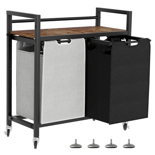 SwaaVee Laundry Hamper, Laundry Basket, Laundry Sorter with 2 Removable Bags, Clothes Basket with 2 Compartments, Wheels, Shelf for Laundry Room Bathroom Bedroom (2 Bags-Black Grey) - color: 2 Bags-Black Grey