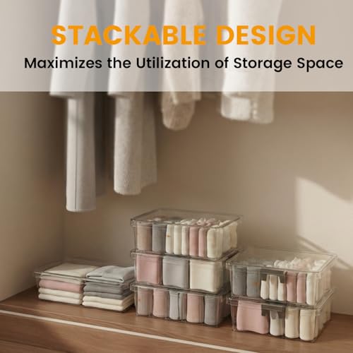 Socks Bra Underwear Drawer Organizer for Closet, 2 PCS Plastic Storage Box with 9 Removable Compartments and Lid, Clear Dresser Drawer Organizer Storage Container with Dividers for Sock Ties Belts - color: Clear-9 Grids
