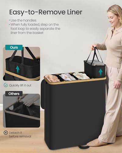 SONGMICS Laundry Hamper, Laundry Sorter with Lid, Storage Basket Bin, Removable Liners, Bamboo Frame, for Bedroom, 4 Sections, 59.4 Gallon (225 L), Ink Black ULCB534BH01 - color: Ink Black, size: 225 L (4-Section)
