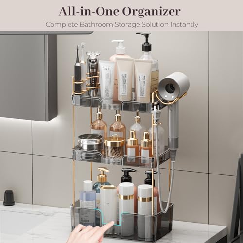 Aveniee Bathroom Counter Organizer,3 Tier Skincare Perfume Countertop Storage with Hair Dryer Rack and Toothbrush Holder, Cosmetic Makeup Tray for Vanity,Grey - color: Classic Grey, size: 3 Tier-New