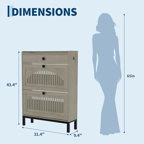 2-Door Flip Front Shoe Cabinet with Adjustable Shelves – Hidden Entryway Storage Organizer for Hallway, Foyer, Living Room – Freestanding Wooden Shoe Rack with Large Capacity & Modern Design, Grey - color: Grey, size: 9.45"D x 31.4"W x 43.4"H