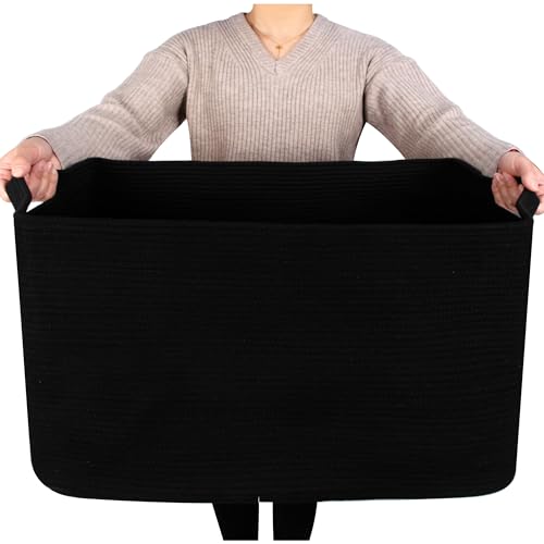MINTWOOD Design 22in Extra Large Blanket Basket Holder Living Room, Rectangle Rope Woven Storage Basket with Handles for Laundry, Pool Towels, and Shoes, Dog Toy Organizer Bin Box, Full Black - color: Full Black