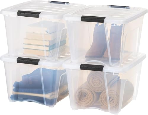 IRIS USA 32 Qt Stackable Plastic Storage Bins with Lids, 4 Pack - BPA-Free, Made in USA - See-Through Organizing Solution, Latches, Durable Nestable Containers, Secure Pull Handle - Clear - color: Clear, size: 32 Qt, style: 4 Pack