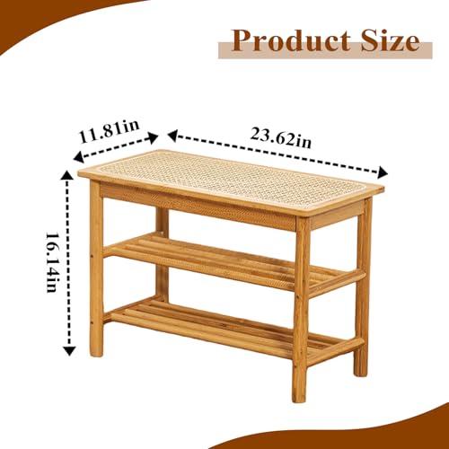 Bamboo Entryway Bench with Woven Rattan Seat, 2-Tier Shoe Storage Bench for Hallway & Entryway 23.62 inches Nature - color: Nature, size: 23.6 inch