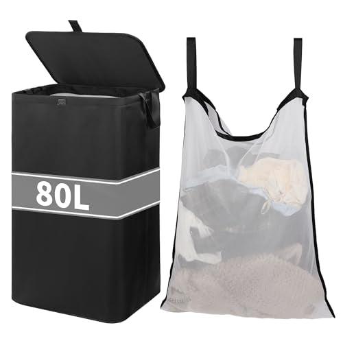 80L Large Laundry Hamper with Lid, Foldable Laundry Bag for Washing Machine with Removable Inner Bag, Dirty Hampers for Bedroom, Bathroom,Laundry Room, College (Black) - color: Black
