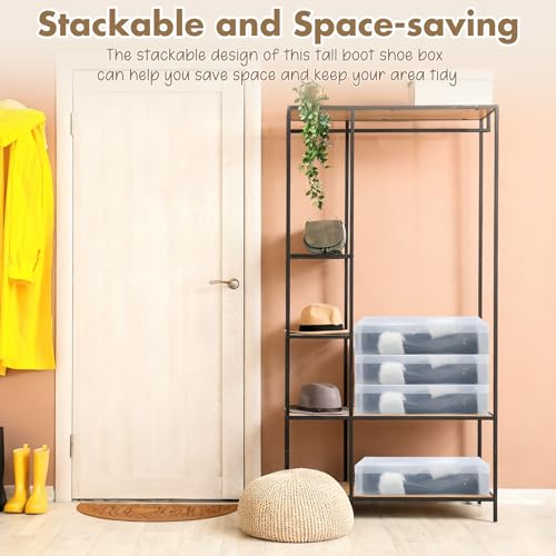 Sintuff 12 Pack Large Boot Storage Boxes with Lids for Tall Boots 20.5" x 11.8" x 4.5" Stackable Clear Plastic Shoe Organizer Container Space-saving Shoe Storage Box for Sneakers and High Heels