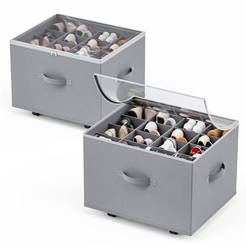 HOUSE AGAIN Shoe Organizer for Closet, 2 Pack Shoe Storage Organizer with Wheels, Foldable Shoe Storage Box with Adjustable Dividers and Clear Cover, Reinforced Handles, Fits up to 16-32 Pairs, Gray - color: Light gray-2 Pack, size: Extra Large( 20.5"L x