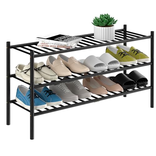 ROMGUAR CRAFT 3-Tier Bamboo Long Shoe Rack, Free Standing Wood Shoe Shelf Storage Organizer for Closet Entryway Stackable 35"x11"x20" (Black) - color: Black, size: 3-Tier(Long)