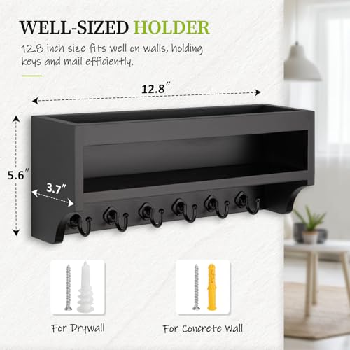 Nekon Key Holder Wall Mount, 12.8" W x 5.6" H x 3.7" D Wall Mounted Key and Mail Organizer with 6 Key Hooks, Key Racks for Home Entryway Decor (Black) - color: Black