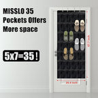 Over the Door Shoe Organizer 35 Pockets, Black Folding Hanging Shoe Rack for Door with Metal Hooks, No-Drill Install, Space-Saving Door Shoe Organizer for Closet, 67.7in x 26.4in