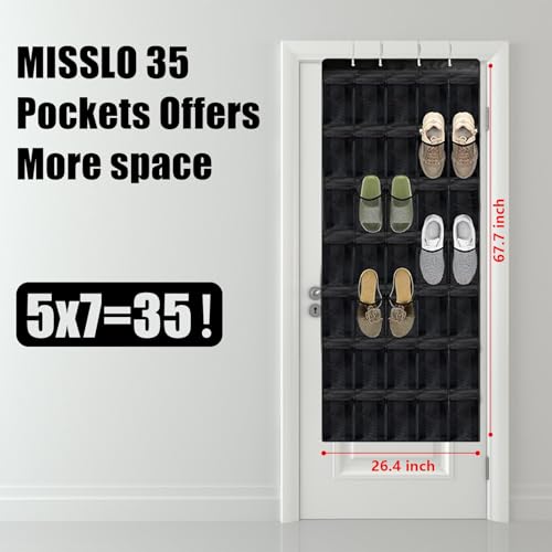 Over the Door Shoe Organizer 35 Pockets, Black Folding Hanging Shoe Rack for Door with Metal Hooks, No-Drill Install, Space-Saving Door Shoe Organizer for Closet, 67.7in x 26.4in