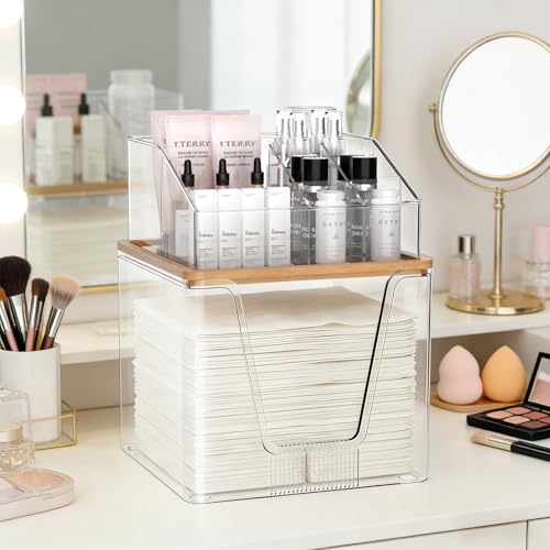 2 in 1 Disposable Facial Towel Holder and Cosmetic Organizer, Clear Storage with Bamboo Lid Compatible with Clean Skin Club Towel XL, Stackable Vanity Organizer for Bathroom Vanity Counter, 2 Tier