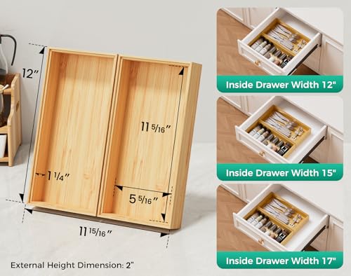 Bamboo Kitchen Drawer Organizer Boxes – 12" x 6" Stackable Wood Silverware Utensil Tray for Drawers Bins, Cutlery & Flatware Storage – Wooden Organizers Set of 2 for Junk Drawer, Bathroom, RV - size: 12" x 6" x 2"