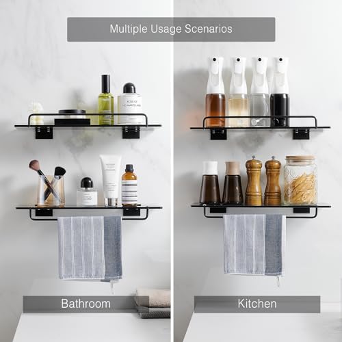 Voldra Glass Shelf for Bathroom, 2 Pack Adhesive Shower Shelves for Inside Shower No Drilling, Tempered Glass Showers Organizer with Guardrail Bathroom Shelf Storage Rack (Black) - color: Glass-Rectangle, size: 2 Pack