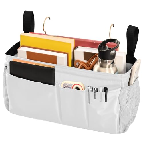 White Bedside Caddy Storage Bag Bedside Organizer for Bunk Bed Headboards College Hanging Storage Organizer 6 Pockets with Hooks for Drinks Magazine Phone Holder - color: White