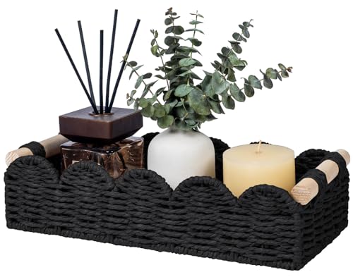 CubesLand Toilet Paper Storage Basket Organizer, Small Wicker Toilet Tank Top Decorative Baskets for Countertop, Handwoven Scalloped Basket w/handle for Home Decor, Living Room, Bedroom, Black - color: Black, size: S - 12.99"L x 6.3"W x 3.15"H